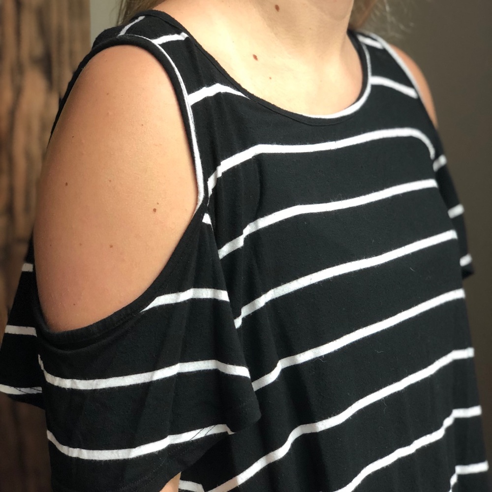 black and white striped cold shoulder blouse